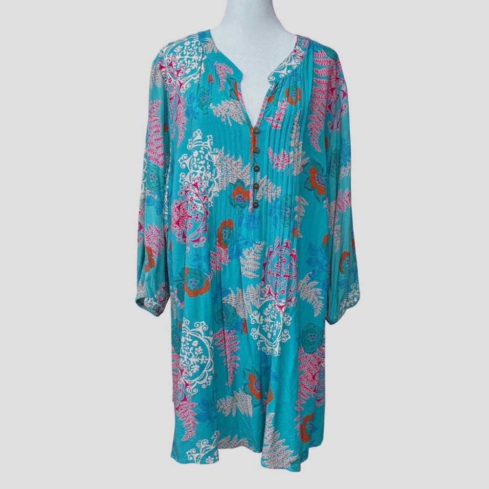 Loralette Teal Floral Mandala Pleated Shift Tunic Dress Plus Size 22/24 Boho‎